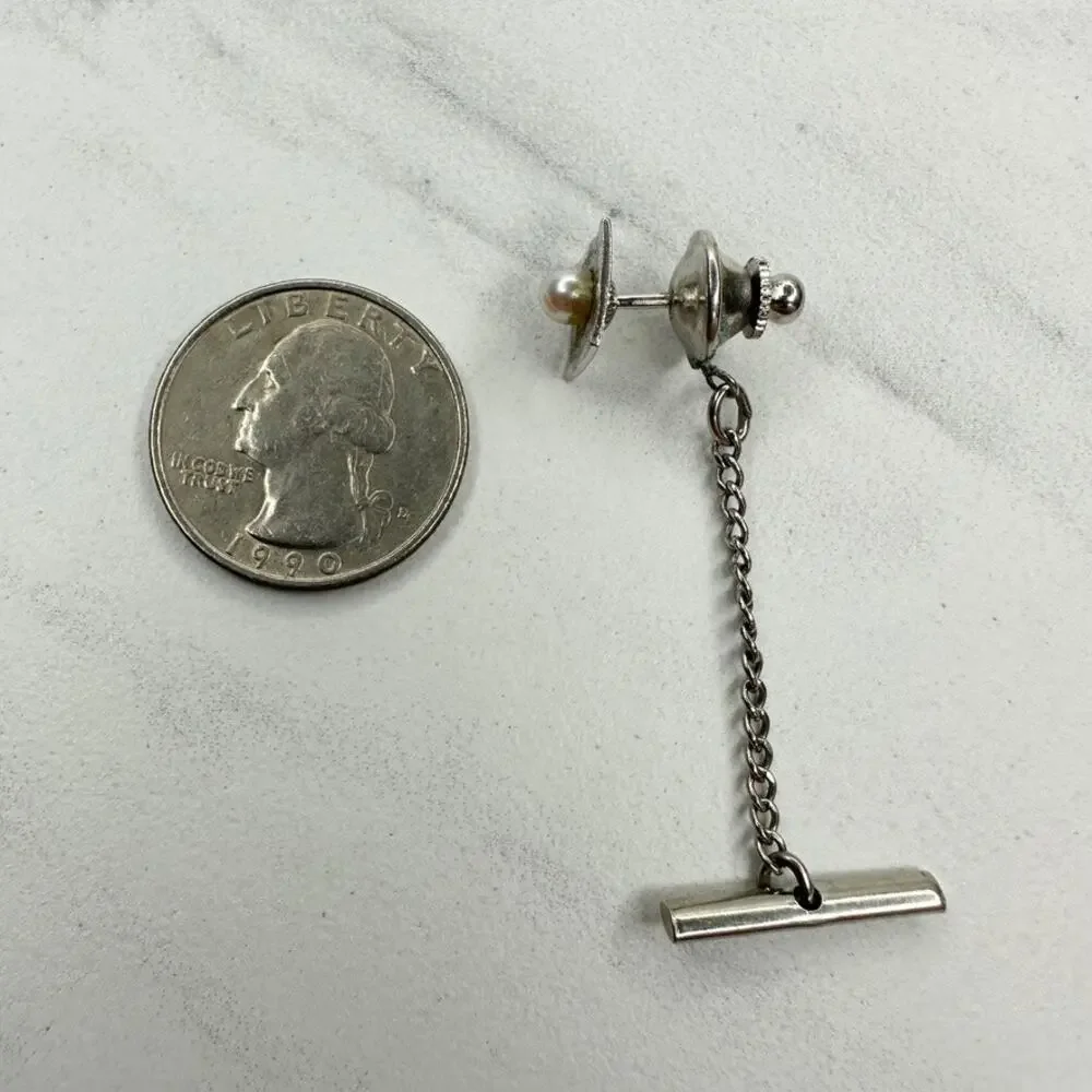 Vintage Faux Pearl Silver Tone Square Lapel Tie Tack Pin ✨